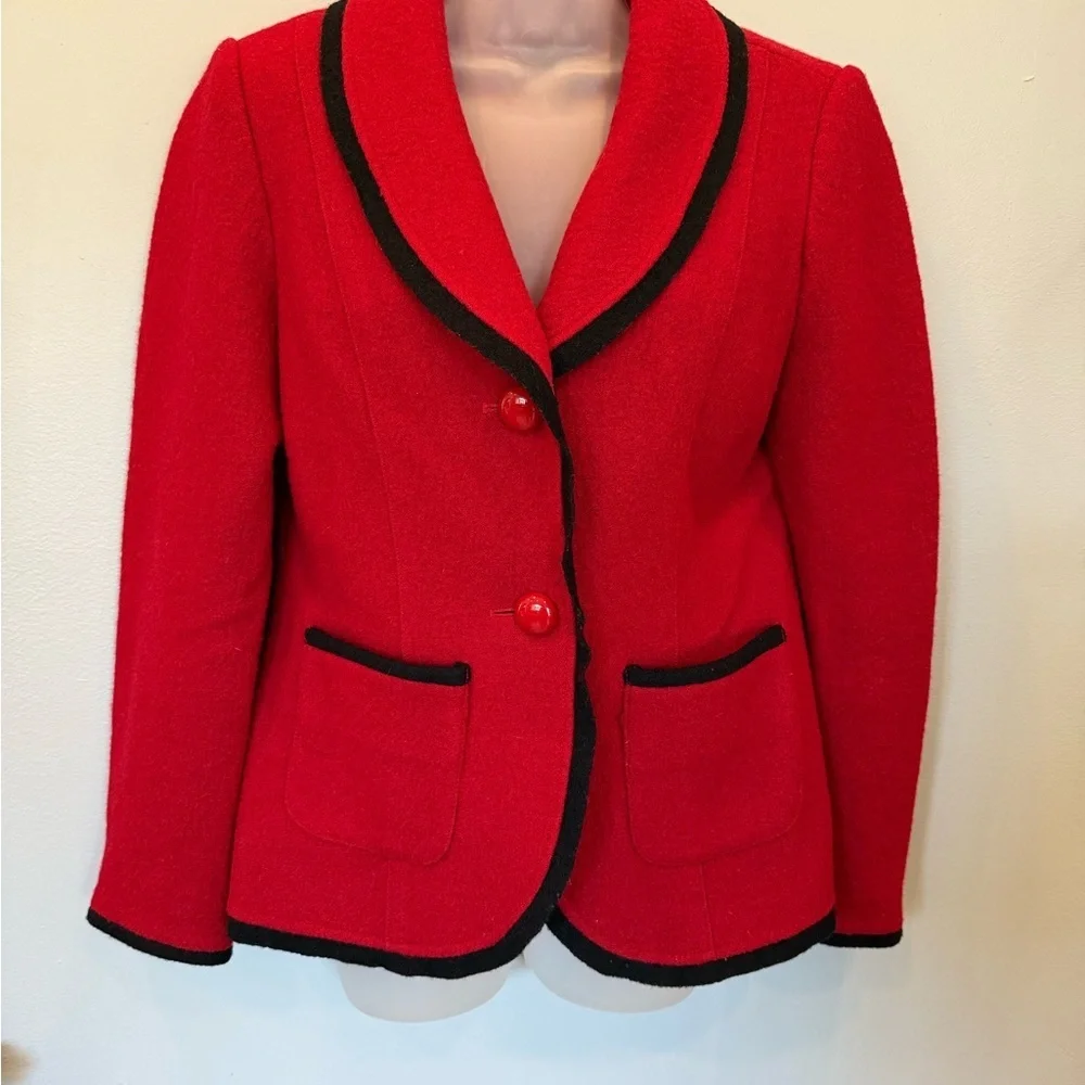 Grace Elements 100% Wool Red Blazer with Black Trim - Size 10